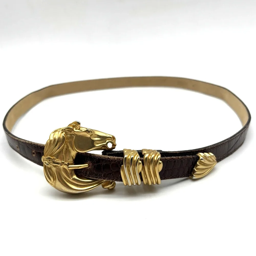 1980s Streets Ahead 32920 Brown Croc Emboss Leather Horsehead Skinny Belt L 34